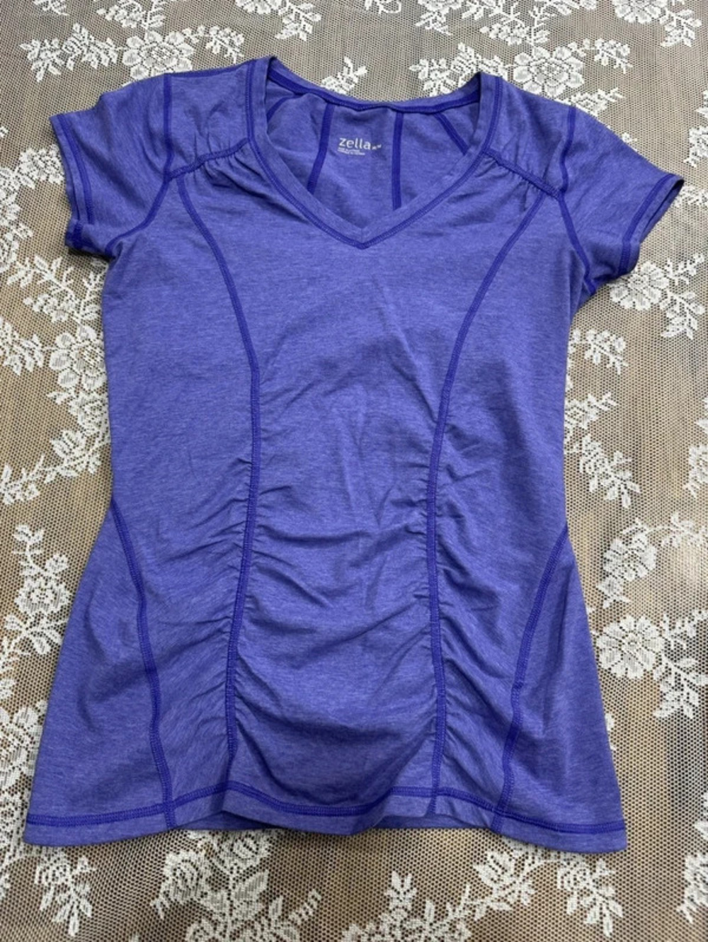 purple ruched workout shirt